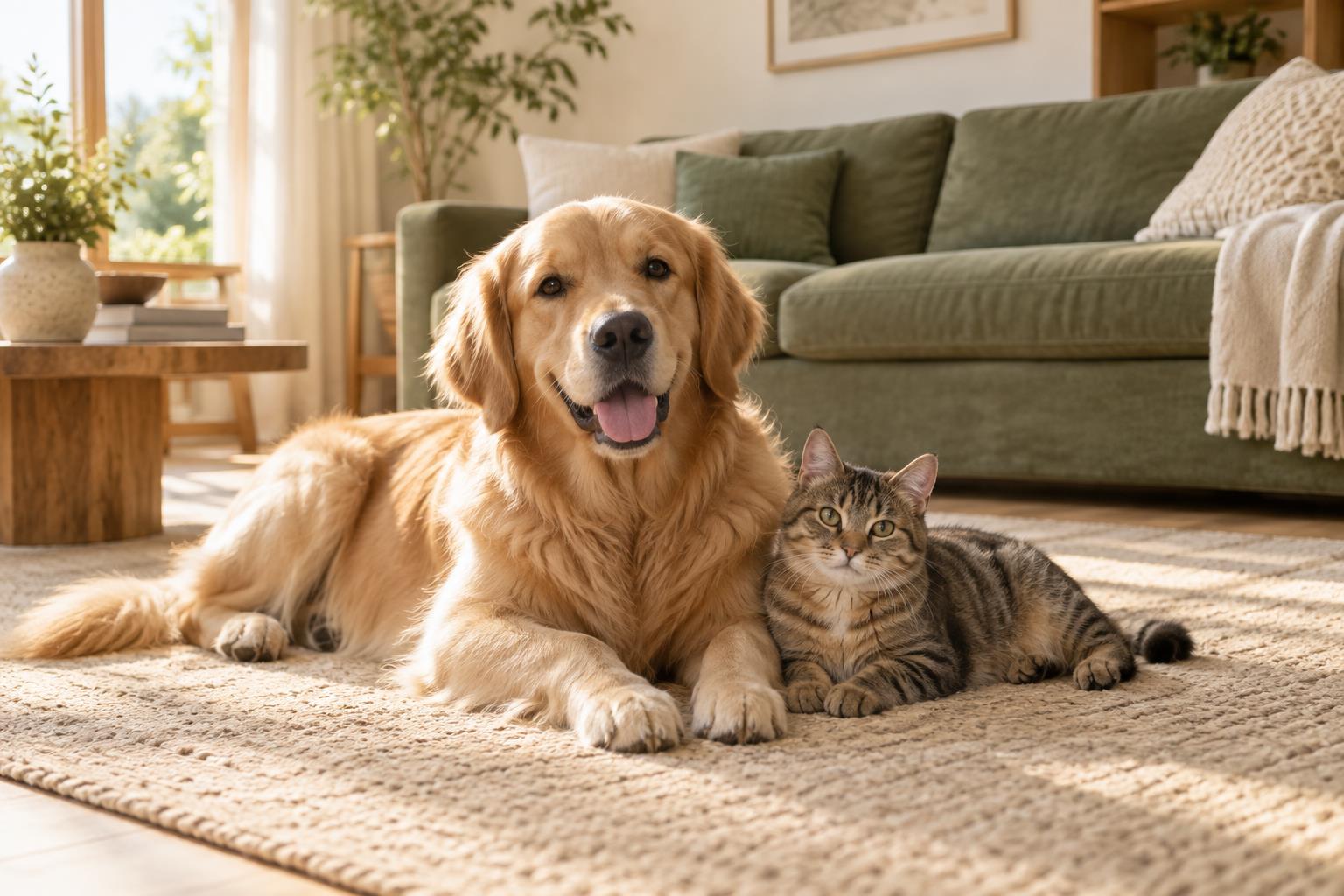 A golden retriever and tabby cat relaxing together in a sunlit room